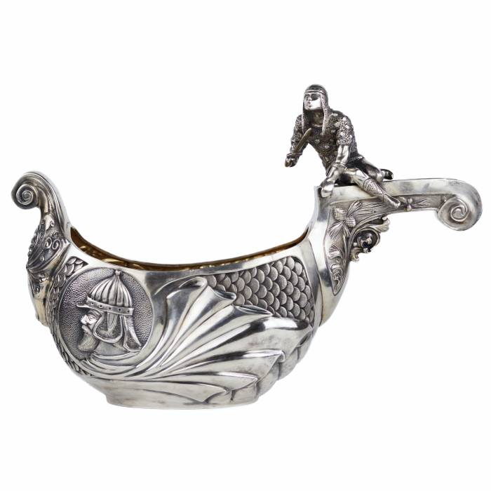 SILVER LADLE IN THE FORM OF A SLAVIC BOAT WITH A WARRIOR FIGURE SAZIKOV, MOSCOW, 1891