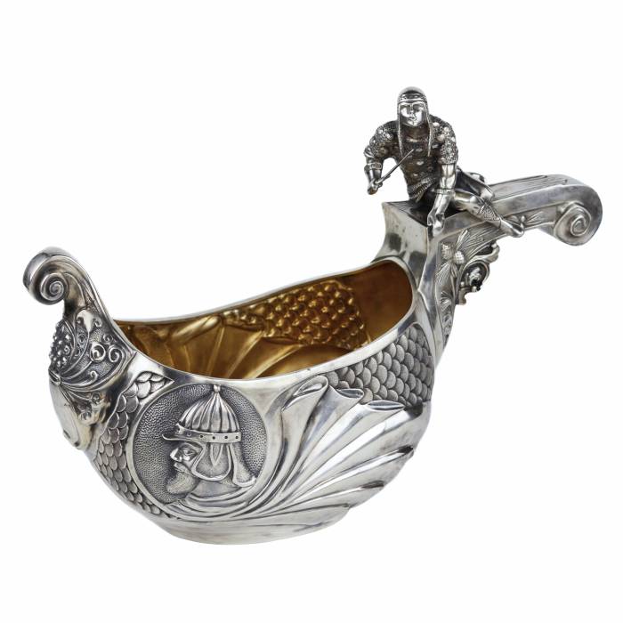 SILVER LADLE IN THE FORM OF A SLAVIC BOAT WITH A WARRIOR FIGURE SAZIKOV, MOSCOW, 1891