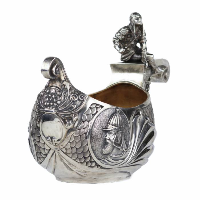 SILVER LADLE IN THE FORM OF A SLAVIC BOAT WITH A WARRIOR FIGURE SAZIKOV, MOSCOW, 1891
