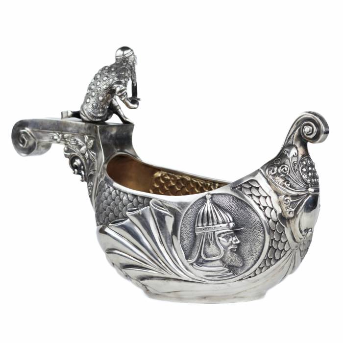SILVER LADLE IN THE FORM OF A SLAVIC BOAT WITH A WARRIOR FIGURE SAZIKOV, MOSCOW, 1891