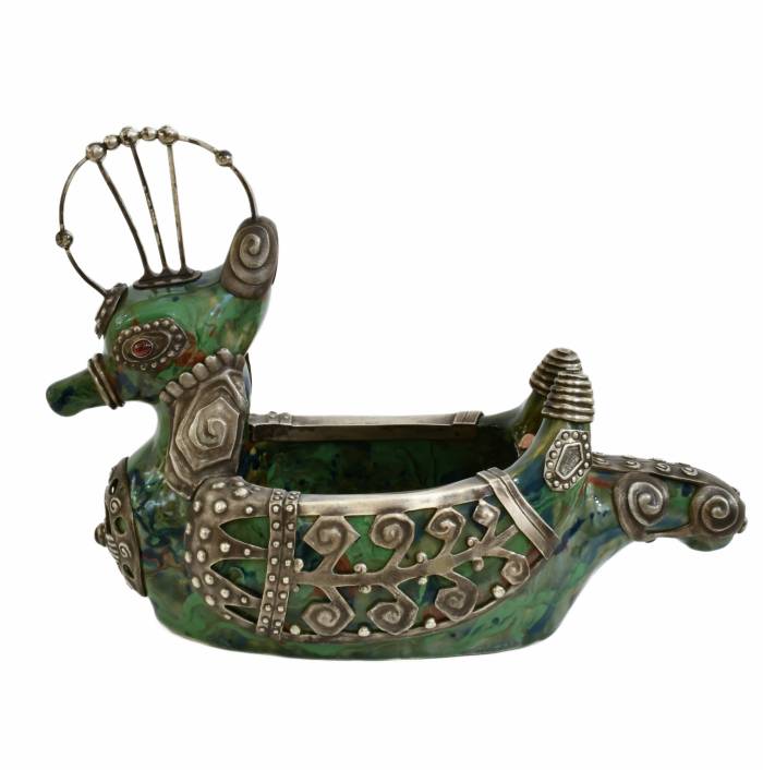 A KOVSH-LADYA IN THE FORM OF A FAIRY-TALE BIRD IMPERIAL STROGANOV SCHOOL OF INDUSTRIAL ART, WITH A SILVER MOUNT BY THE FIRM OF KARL FABERGÉ RUSSIA, MOSCOW, 1908–1917