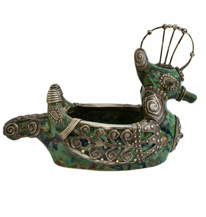 A KOVSH-LADYA IN THE FORM OF A FAIRY-TALE BIRD IMPERIAL STROGANOV SCHOOL OF INDUSTRIAL ART, WITH A SILVER MOUNT BY THE FIRM OF KARL FABERGÉ RUSSIA, MOSCOW, 1908–1917