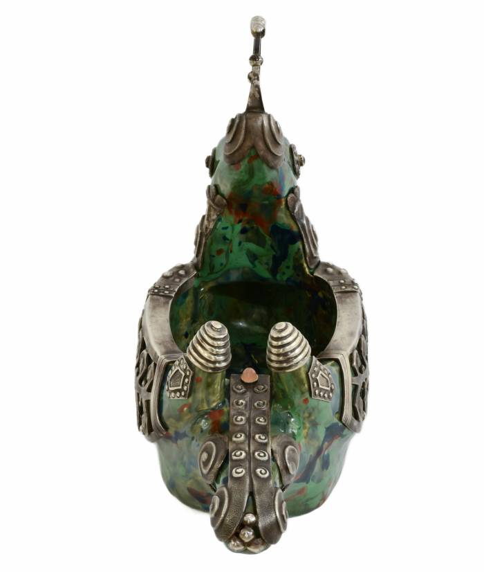 A KOVSH-LADYA IN THE FORM OF A FAIRY-TALE BIRD IMPERIAL STROGANOV SCHOOL OF INDUSTRIAL ART, WITH A SILVER MOUNT BY THE FIRM OF KARL FABERGÉ RUSSIA, MOSCOW, 1908–1917