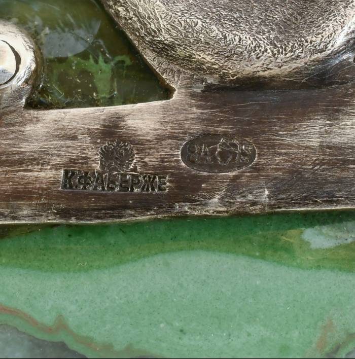 A KOVSH-LADYA IN THE FORM OF A FAIRY-TALE BIRD IMPERIAL STROGANOV SCHOOL OF INDUSTRIAL ART, WITH A SILVER MOUNT BY THE FIRM OF KARL FABERGÉ RUSSIA, MOSCOW, 1908–1917