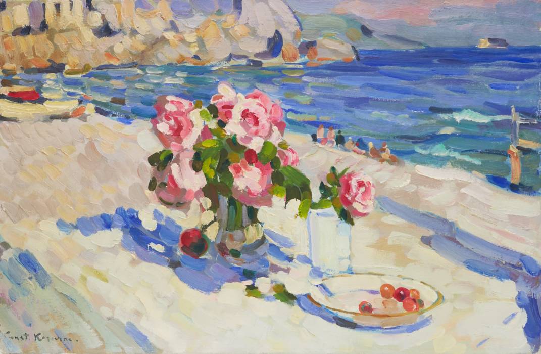 KONSTANTIN KOROVIN (1861–1939). STILL LIFE AGAINST A LANDSCAPE RUSSIA / FRANCE, 1930s