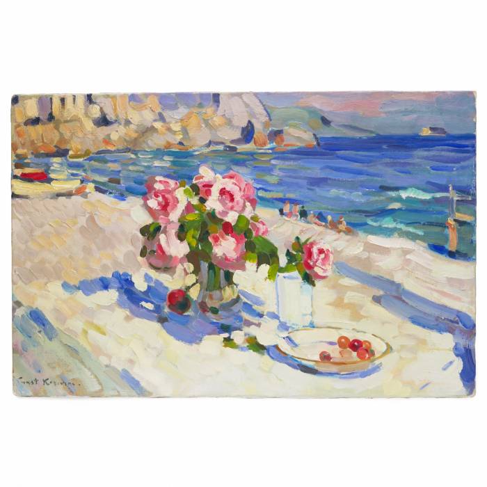 KONSTANTIN KOROVIN (1861–1939). STILL LIFE AGAINST A LANDSCAPE RUSSIA / FRANCE, 1930s