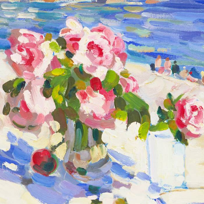 KONSTANTIN KOROVIN (1861–1939). STILL LIFE AGAINST A LANDSCAPE RUSSIA / FRANCE, 1930s