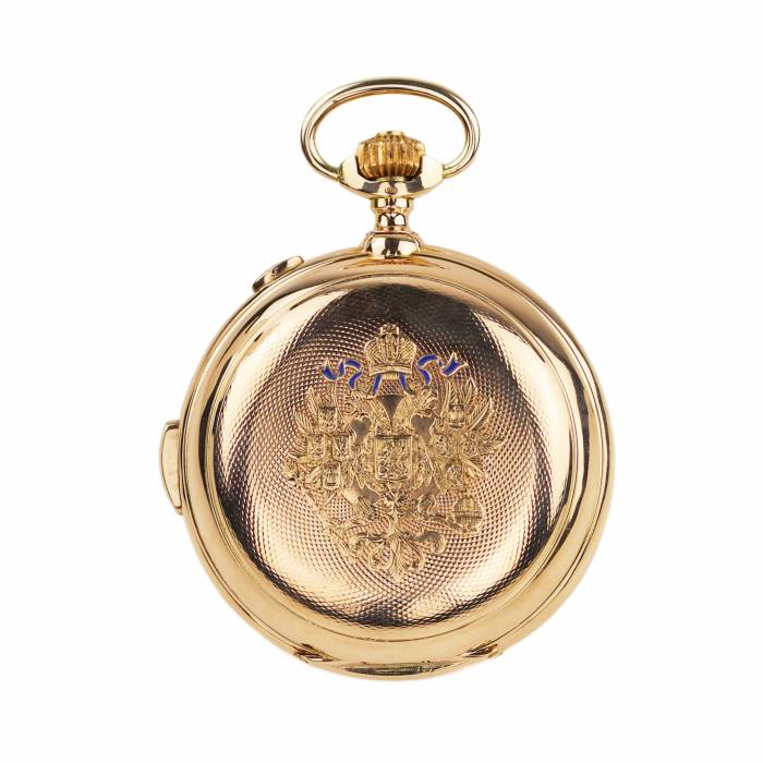 PAUL BUHRÉ / LE PHARE. GOLD POCKET WATCH WITH MINUTE REPEATER, CHRONOGRAPH, MOON PHASES AND CYRILLIC CALENDAR. CIRCA 1903
