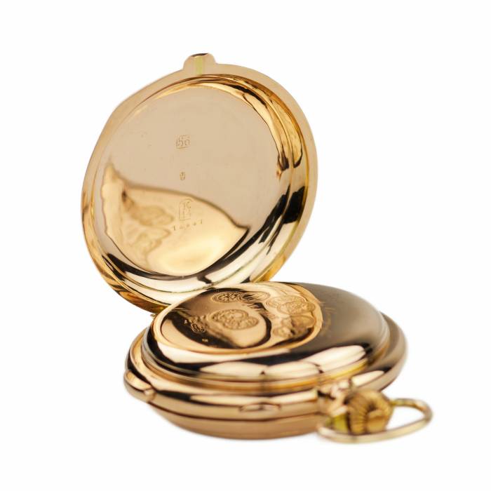 PAUL BUHRÉ / LE PHARE. GOLD POCKET WATCH WITH MINUTE REPEATER, CHRONOGRAPH, MOON PHASES AND CYRILLIC CALENDAR. CIRCA 1903