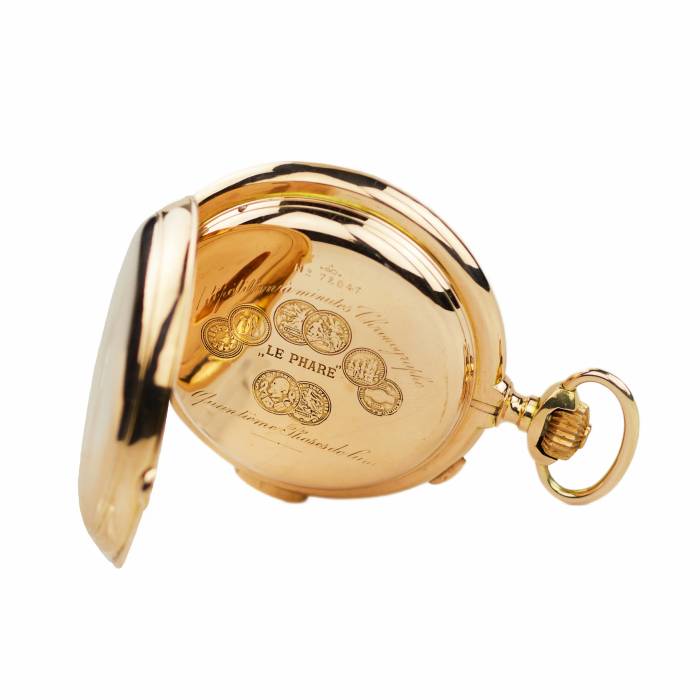 PAUL BUHRÉ / LE PHARE. GOLD POCKET WATCH WITH MINUTE REPEATER, CHRONOGRAPH, MOON PHASES AND CYRILLIC CALENDAR. CIRCA 1903