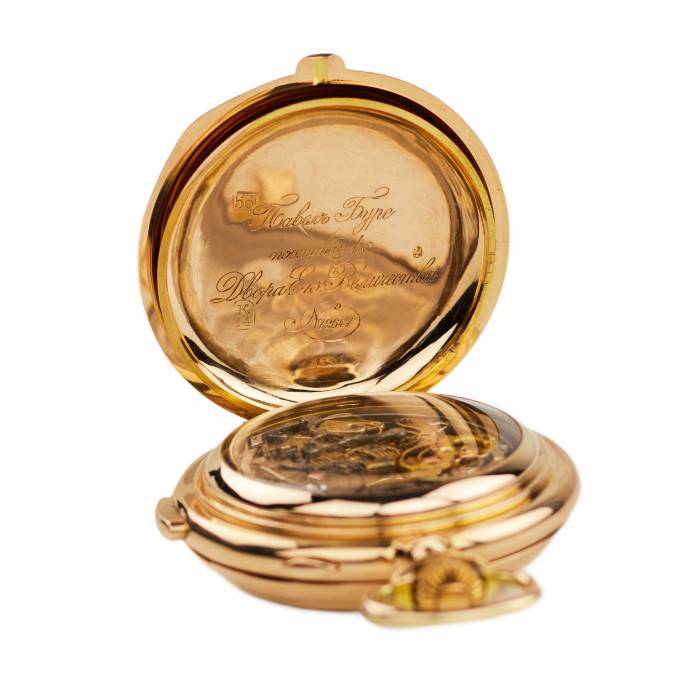 PAUL BUHRÉ / LE PHARE. GOLD POCKET WATCH WITH MINUTE REPEATER, CHRONOGRAPH, MOON PHASES AND CYRILLIC CALENDAR. CIRCA 1903