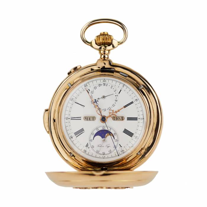 PAUL BUHRÉ / LE PHARE. GOLD POCKET WATCH WITH MINUTE REPEATER, CHRONOGRAPH, MOON PHASES AND CYRILLIC CALENDAR. CIRCA 1903