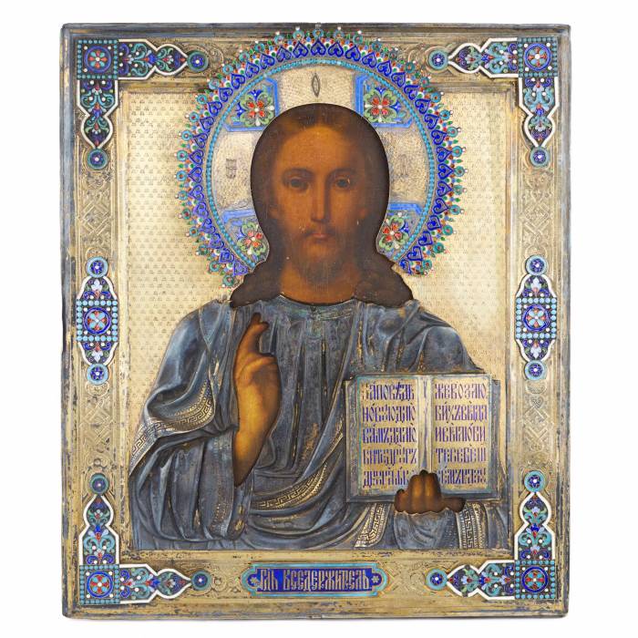 CHRIST PANTOCRATOR DANS UNE OKLAD EN ARGENT AVEC ÉMaux CHAMPLEVÉ ET CLOISONNÉ  RUSSIE, MOSCOU, 1894