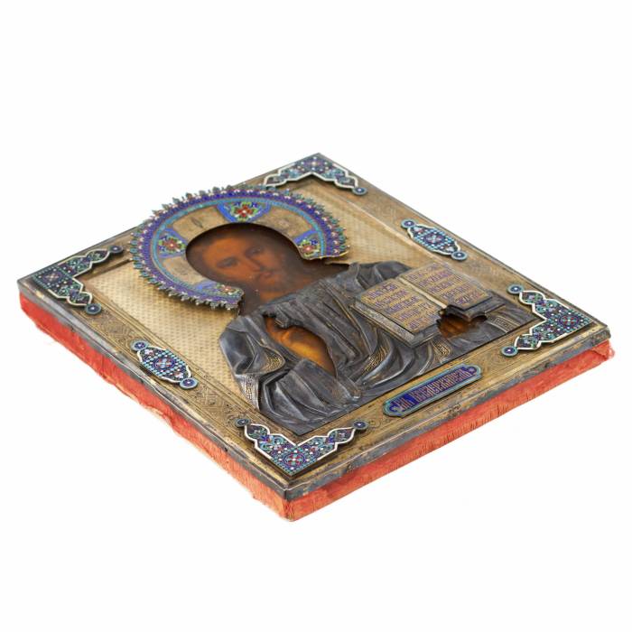 CHRIST PANTOCRATOR DANS UNE OKLAD EN ARGENT AVEC ÉMaux CHAMPLEVÉ ET CLOISONNÉ  RUSSIE, MOSCOU, 1894