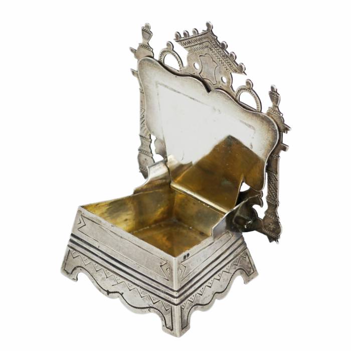 SILVER SALT CELLAR IN THE FORM OF A THRONE WITH AN OPENWORK BACK RUSSIA, KOSTROMA, 1880s–1890s