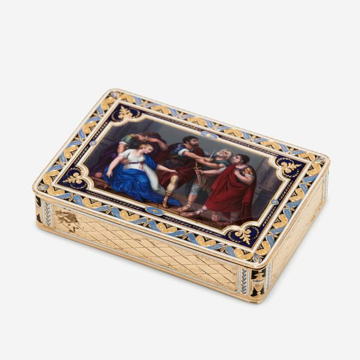 GOLD SNUFF BOX WITH ENAMEL MINIATURE “THE DEATH OF LUCRETIA” SWITZERLAND, GENEVA, 1801–1805