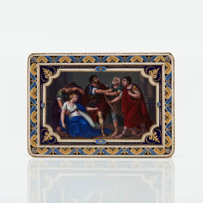 GOLD SNUFF BOX WITH ENAMEL MINIATURE “THE DEATH OF LUCRETIA” SWITZERLAND, GENEVA, 1801–1805
