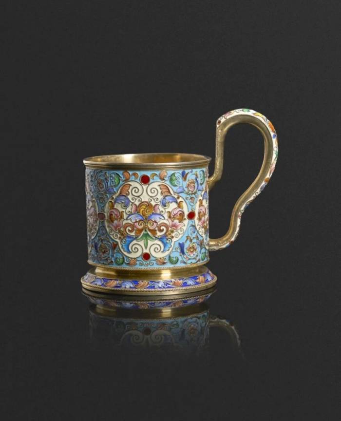 SILVER CLOISONNÉ-ENAMELLED TEA GLASS HOLDER. FYODOR RUCKERT RUSSIA, MOSCOW, TURN OF THE 19TH – 20TH CENTURY