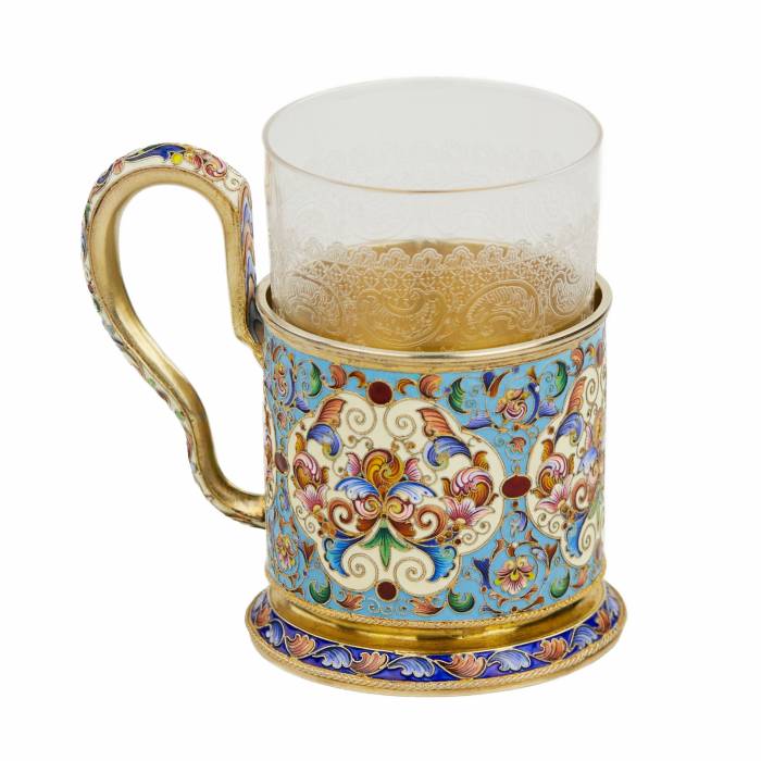 SILVER CLOISONNÉ-ENAMELLED TEA GLASS HOLDER. FYODOR RUCKERT RUSSIA, MOSCOW, TURN OF THE 19TH – 20TH CENTURY