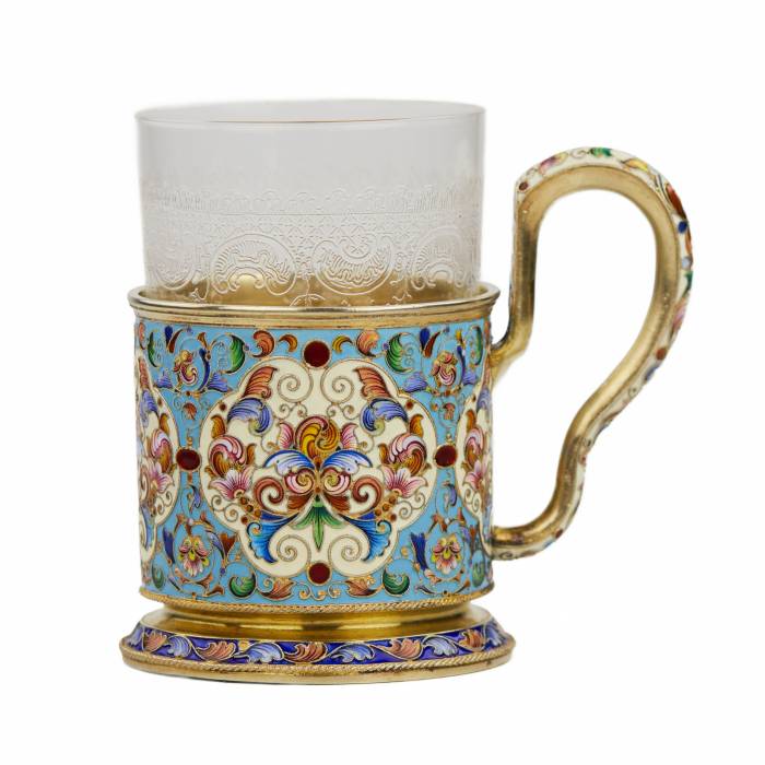 SILVER CLOISONNÉ-ENAMELLED TEA GLASS HOLDER. FYODOR RUCKERT RUSSIA, MOSCOW, TURN OF THE 19TH – 20TH CENTURY