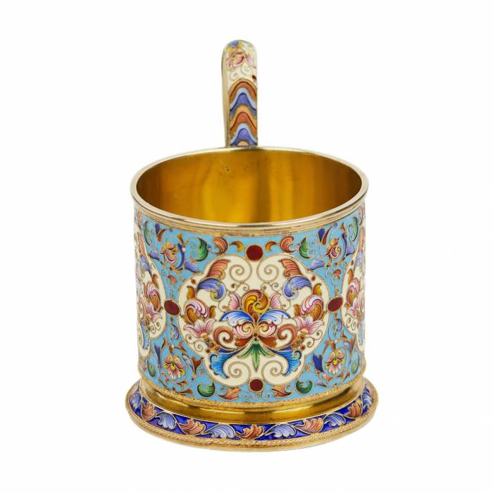 SILVER CLOISONNÉ-ENAMELLED TEA GLASS HOLDER. FYODOR RUCKERT RUSSIA, MOSCOW, TURN OF THE 19TH – 20TH CENTURY
