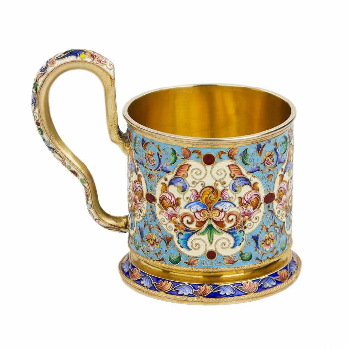 SILVER CLOISONNÉ-ENAMELLED TEA GLASS HOLDER. FYODOR RUCKERT RUSSIA, MOSCOW, TURN OF THE 19TH – 20TH CENTURY