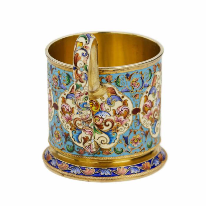 SILVER CLOISONNÉ-ENAMELLED TEA GLASS HOLDER. FYODOR RUCKERT RUSSIA, MOSCOW, TURN OF THE 19TH – 20TH CENTURY