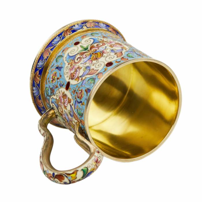 SILVER CLOISONNÉ-ENAMELLED TEA GLASS HOLDER. FYODOR RUCKERT RUSSIA, MOSCOW, TURN OF THE 19TH – 20TH CENTURY