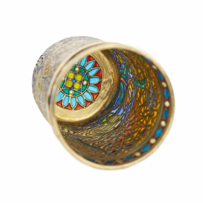 SILVER SHOT CUP WITH POLYCHROME PLIQUE-À-JOUR ENAMEL. PAVEL OVCHINNIKOV WORKSHOP RUSSIA, MOSCOW, TURN OF THE 19TH–20TH CENTURIES