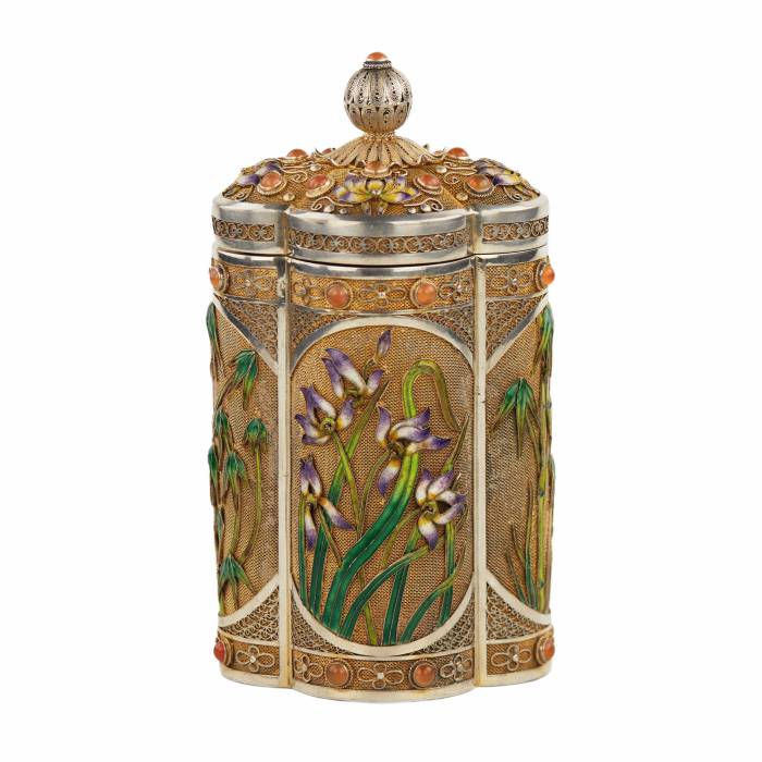 SILVER TEA CADDY WITH ENAMELS AND CABOCHONS  CHINA, 20TH CENTURY