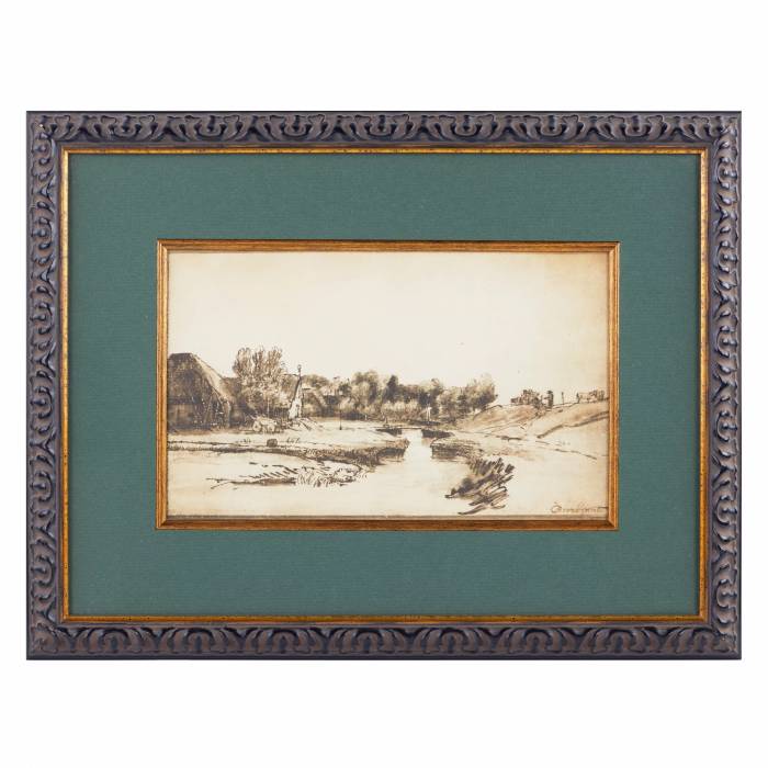 ПЕЙЗАЖ С КАНАЛОМ. РИСУНОК ПЕРОМ В ДУХЕ ПЕЙЗАЖЕЙ РЕМБРАНДТА ЕВРОПА, XIX ВЕК