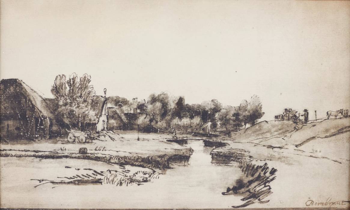 ПЕЙЗАЖ С КАНАЛОМ. РИСУНОК ПЕРОМ В ДУХЕ ПЕЙЗАЖЕЙ РЕМБРАНДТА ЕВРОПА, XIX ВЕК