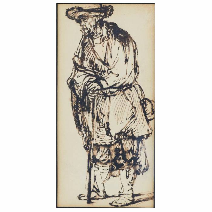 СТАРИК С ПОСОХОМ. РИСУНОК ПЕРОМ В ДУХЕ РЕМБРАНДТА ЕВРОПА, XIX ВЕК