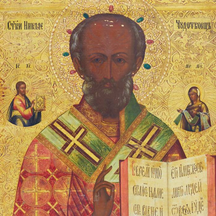 ICON “SAINT NICHOLAS THE WONDERWORKER WITH SELECTED SAINTS” RUSSIA, LATE 19TH CENTURY