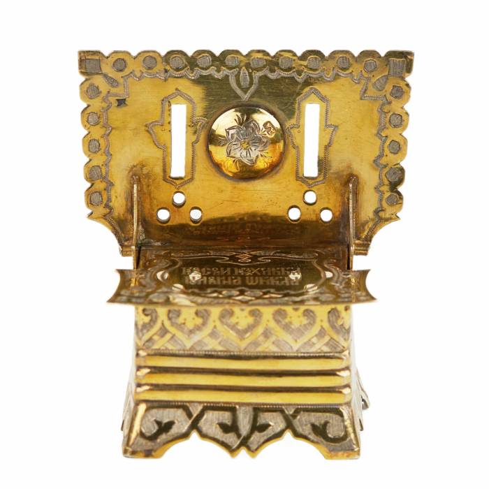 SILVER THRONE-FORM SALT CELLAR WITH NIELLO AND THE PROVERB “WITHOUT SALT AND BREAD, HALF THE MEAL” MOSCOW, 1866