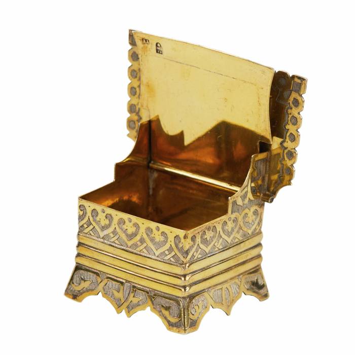 SILVER THRONE-FORM SALT CELLAR WITH NIELLO AND THE PROVERB “WITHOUT SALT AND BREAD, HALF THE MEAL” MOSCOW, 1866