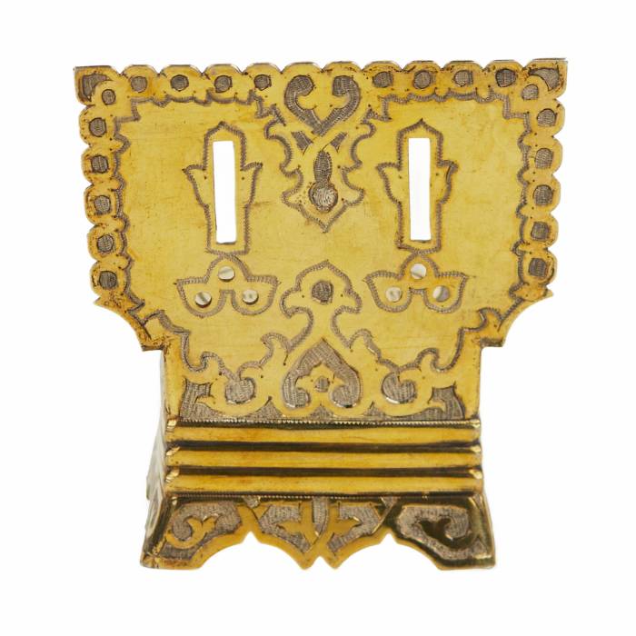 SILVER THRONE-FORM SALT CELLAR WITH NIELLO AND THE PROVERB “WITHOUT SALT AND BREAD, HALF THE MEAL” MOSCOW, 1866