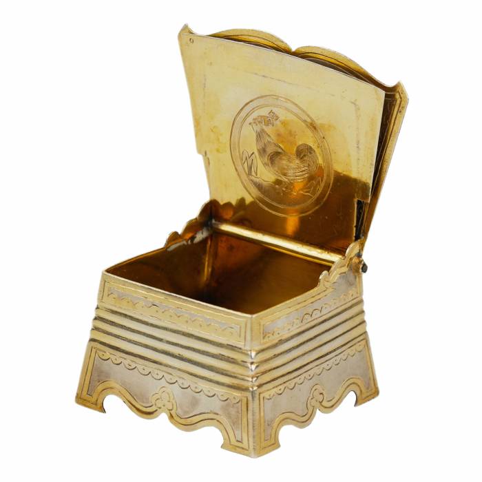 SILVER THRONE-SHAPED SALT CELLAR WITH THE PROVERB «WITHOUT SALT AND WITHOUT BREAD, HALF THE MEAL IS LOST» RUSSIA, MOSCOW, 1882