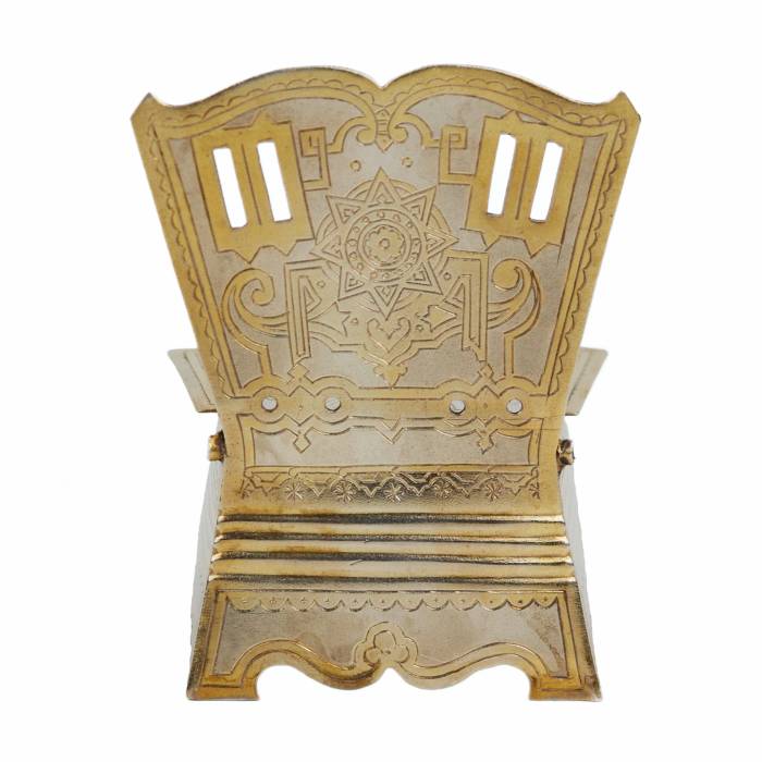 SILVER THRONE-SHAPED SALT CELLAR WITH THE PROVERB «WITHOUT SALT AND WITHOUT BREAD, HALF THE MEAL IS LOST» RUSSIA, MOSCOW, 1882