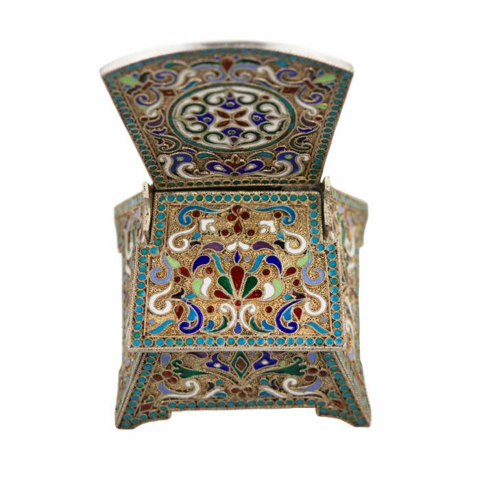 SILVER SALT CELLAR WITH CLOISONNÉ ENAMEL. M. OVCHINNIKOV MOSCOW, RUSSIA, 1908 - 1917