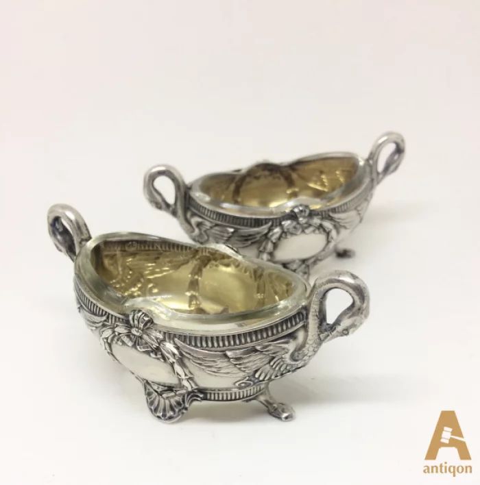 A pair of Empire style silver saltcellars Swans