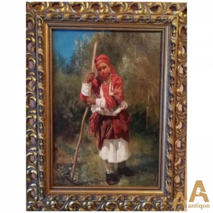 Painting Little Russian Woman with a Rake Makovsky K.E. 