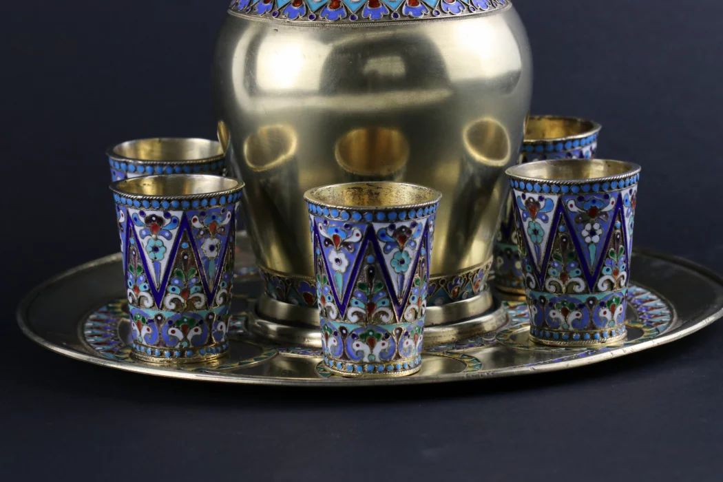 Luxurious vodka set of Russian silver with enamel. 