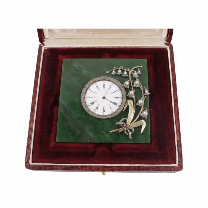 Russian jade and silver clock in Wigstrom style