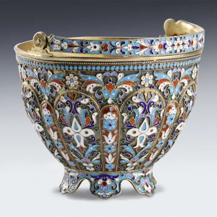 Russian silver sugar bowl with cloisonne enamel. 