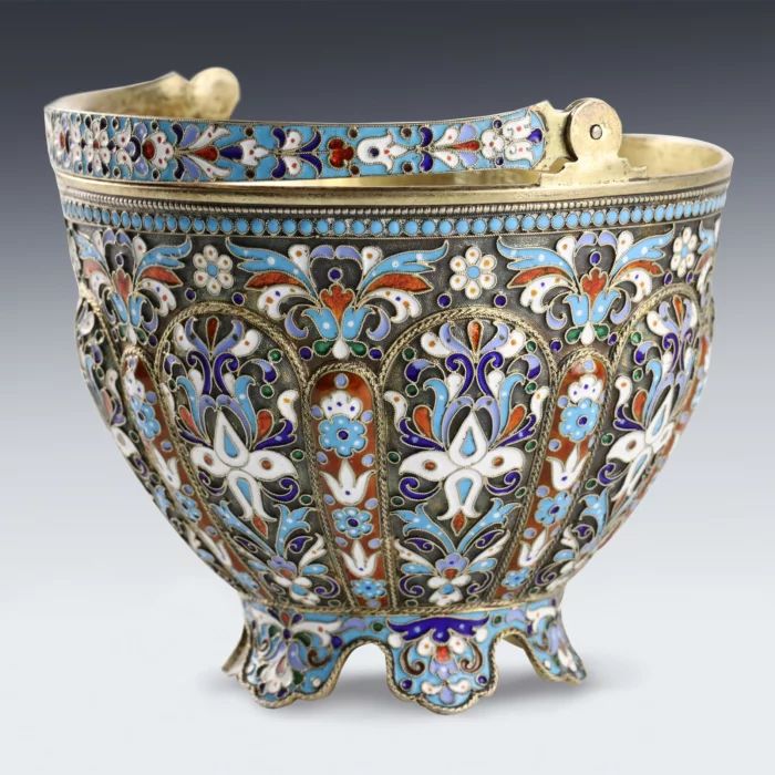Russian silver sugar bowl with cloisonne enamel. 