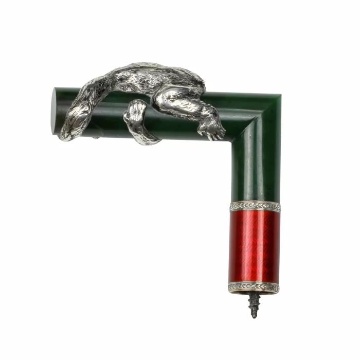 A cane handle made of silver, guilloche enamel and jade. Faberge, Julius Rappaport.