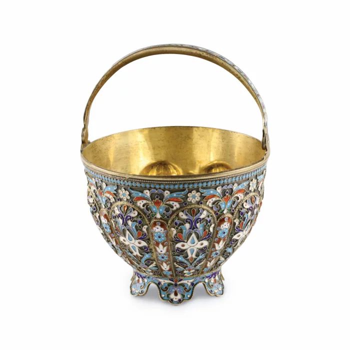 Russian silver sugar bowl with cloisonne enamel. 