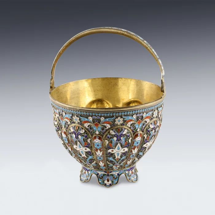 Russian silver sugar bowl with cloisonne enamel. 