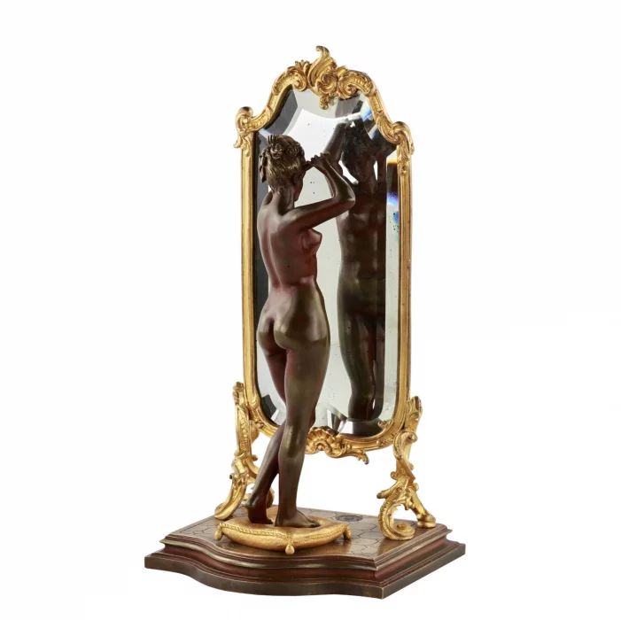  Composition en bronze "Nu a cote de miroir". Emile Pinèdo (1840-1916)